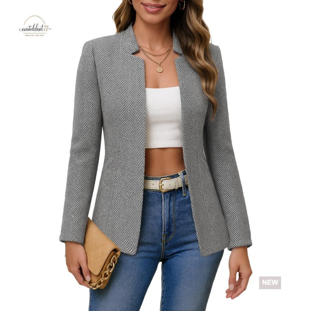 Herringbone Tweed Blazer Slim Fit Notch Collar Work Casual Jacket